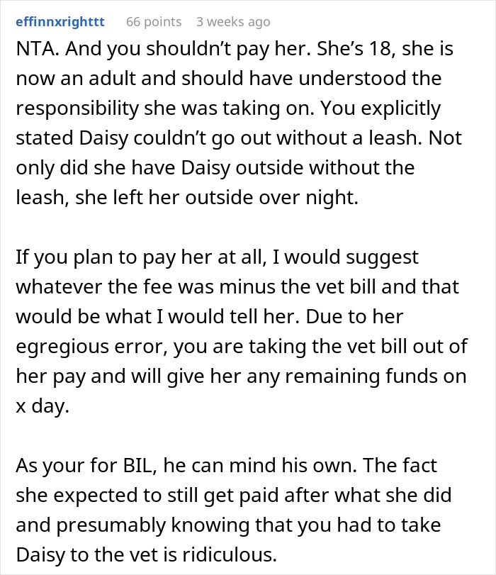 Text Post Discussion sobre negarse a pagar a una camarera después de descuidar la seguridad de los gatos y causar facturas veterinarias.