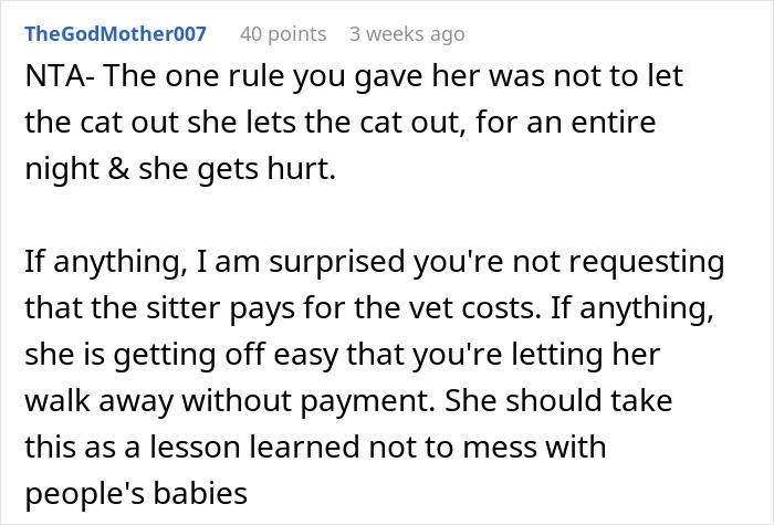 Comente discutiendo la negativa a pagarle a un gato después de que la niñera dejó salir al gato y causó daño.