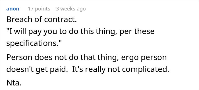 Captura de pantalla de un comentario en el foro que explica el incumplimiento del contrato y la negativa a pagar a una camioneta por obligaciones insatisfechas.