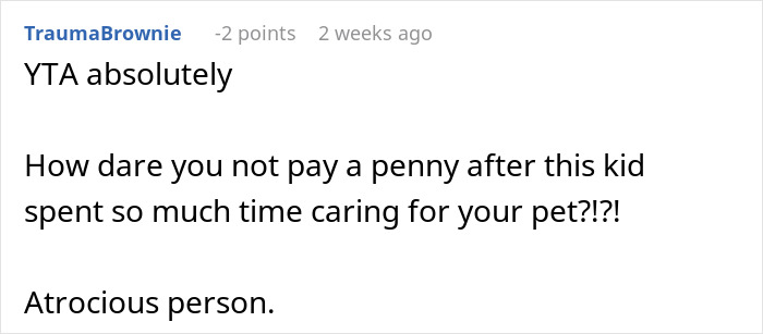 Captura de pantalla de un comentario en el foro criticando a alguien por negarse a pagar a su madera de gato después del cuidado de mascotas.