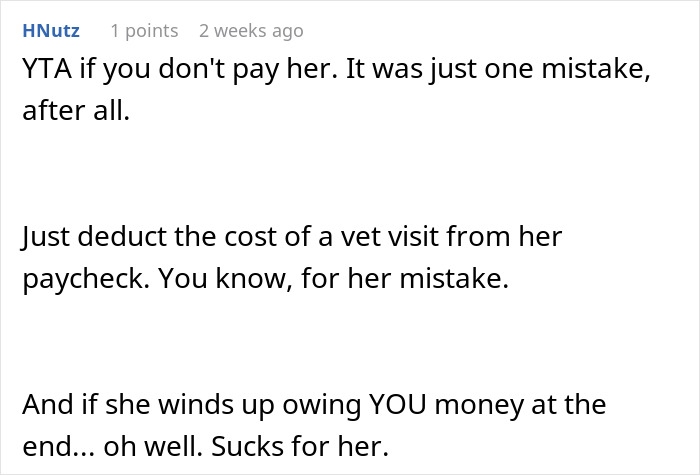 Comentario discutiendo la negativa a pagar la camiseta de gato, mencionando la deducción de los costos del veterinario y la responsabilidad financiera por el error de la sentada.