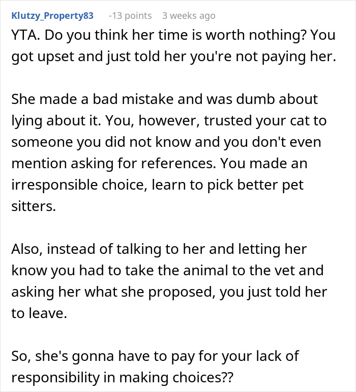 Comentario discutir problemas de confianza y rechazo de pagos que involucra a una niñera de gatos en un AITA por negarse a pagar a mi hilo de la hermana gato.