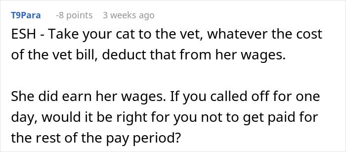 Comentario de Reddit discutiendo el pago y los costos de veterinario relacionados con negarse a pagar a una madera de gato después de una emergencia de mascotas.