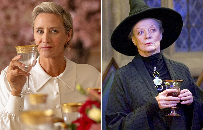 Dos personajes femeninos de la serie Harry Potter con copas, mostrando un nuevo elenco para Harry Hermione y Ron próxima serie