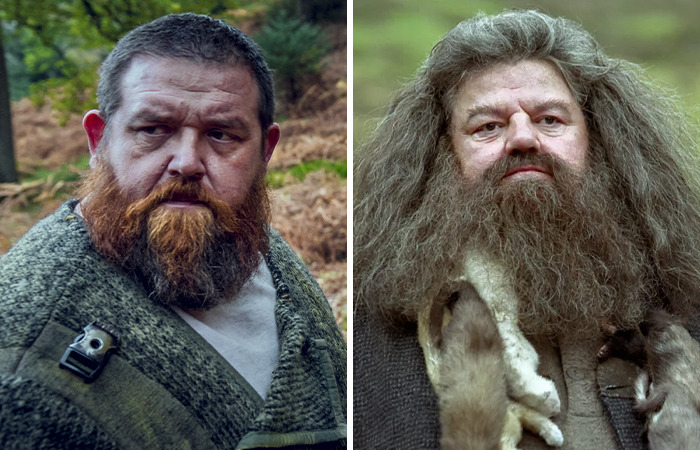 Nuevos miembros del elenco para Harry y Hagrid en disfraz detallados y maquillaje para la próxima serie de Harry Potter.