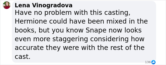 Comentario de Lena Vinogradova compartiendo reacciones mixtas al nuevo elenco para Harry, Hermione y Ron en la serie Harry Potter.