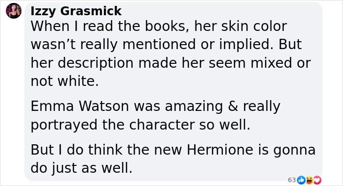 Comentario de Facebook compartiendo opiniones encontradas sobre el nuevo elenco de Harry Hermione y Ron para la próxima serie de Harry Potter.