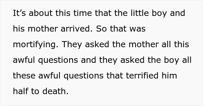 Texto que describe a un niño y una madre que es interrogado por los servicios de protección infantil después de una suegra llamada CPS.