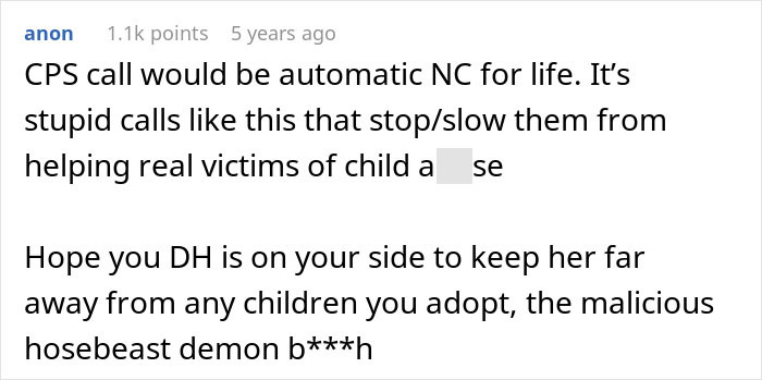Captura de pantalla de un comentario en línea que discute llamadas de servicios de protección infantil y protegiendo a los niños de la interferencia familiar maliciosa.