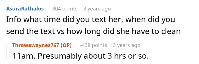 Captura de pantalla de una conversación de Reddit discutiendo el tiempo relacionado con la limpieza en una situación de hogar desordenada que involucra a una esposa enferma.