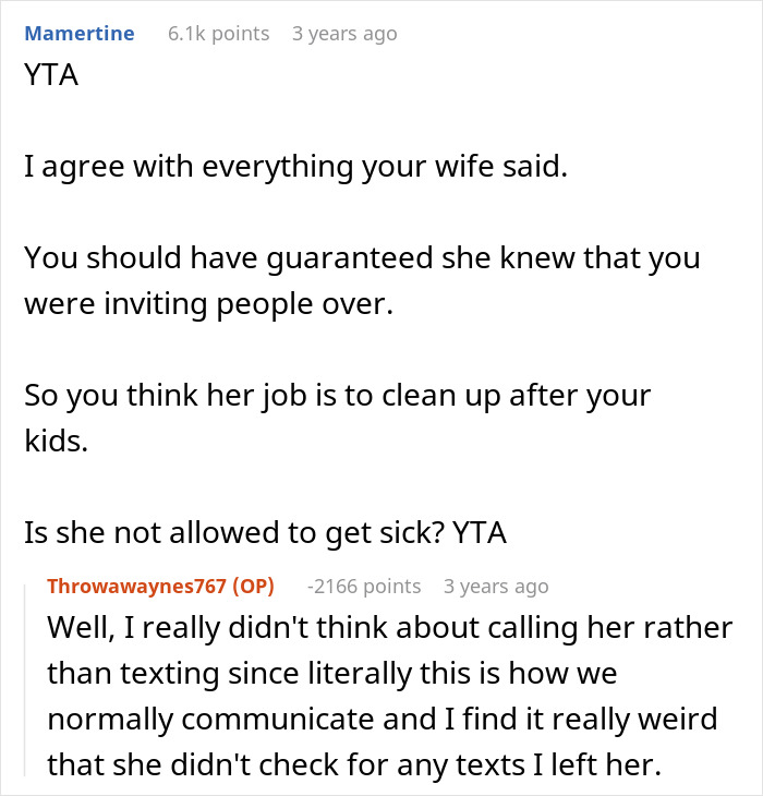 Discusión del foro en línea sobre un esposo culpando a su esposa enferma por no limpiar el hogar desordenado antes de que lleguen los invitados.