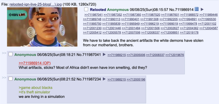 8 de junio de 2025 Post en 4chan's / v / board Un usuario anónimo de 4chan comenzó un hilo reaccionando a _Relooted_ en el tablero de videojuegos dedicado del foro /V /, Writing,