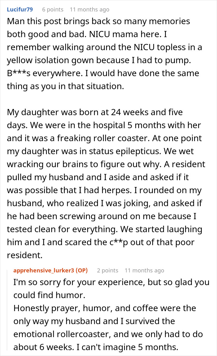 Conversación de Reddit que muestra a una nueva madre compartiendo su historia de la UCIN con humor y cumplimiento malicioso.