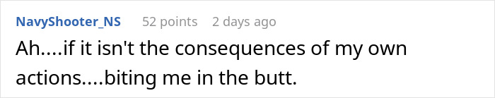 Comentario de Reddit que muestra a un usuario que reflexiona sobre las consecuencias de sus propias acciones en un tono humorístico.