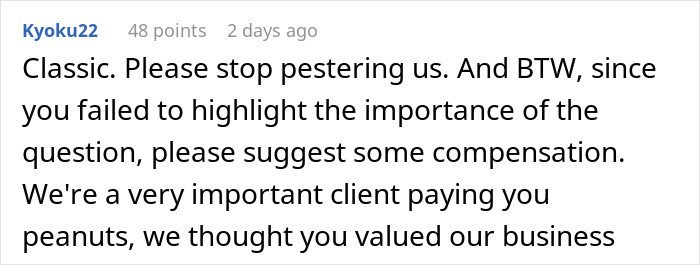Captura de pantalla de un comentario del cliente que muestra pánico y frustración después de que el diseñador detiene los seguimientos de las aprobaciones según lo solicitado.