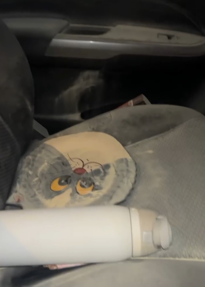 Asiento para el automóvil cubierto de residuos de extinción de incendios junto al juguete de un niño, relacionado con el incidente del hospital para bebés de 5 meses.