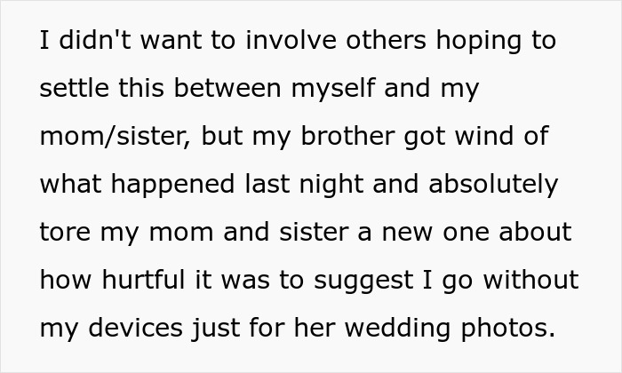 Extracto de texto que muestra a una mujer que se niega a arriesgar su salud por la estética de la foto de la boda de la hermana, alterando a su familia.