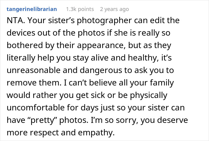 Comente discutiendo a una mujer que se niega a arriesgar su salud para la estética de la foto de boda de su hermana y molesta a los miembros de la familia.