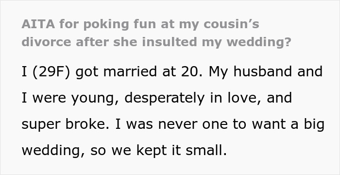 Publicación de texto sobre mujer aplaudiendo después de que prima insulta su boda, destacando el matrimonio y el conflicto familiar.