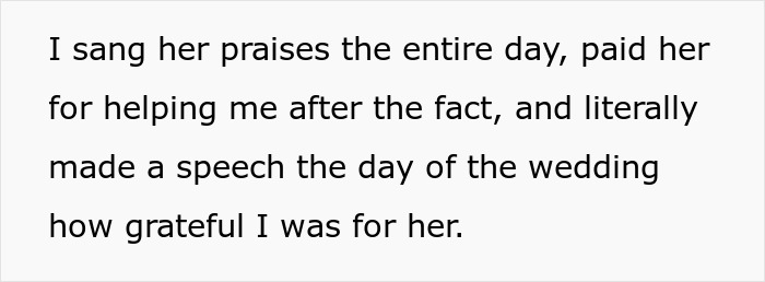 Extracto de texto que describe a una mujer aplaudiendo a la prima insultando su boda, expresando gratitud por ayuda el día de su boda.