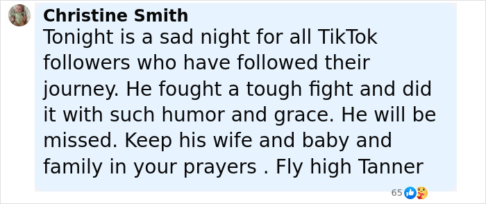 Comentario de Christine Smith expresando tristeza por el fallecimiento de Tanner Martin y enviando oraciones a su familia.