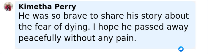 Comentario de Kimetha Perry expresando simpatía por el fallecimiento de Tanner Martin y la esperanza de su descanso pacífico.