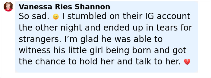 Captura de pantalla del comentario de las redes sociales de Vanessa Ries Shannon expresando tristeza por el paso de Tanner Martin días después de que nació su bebé.