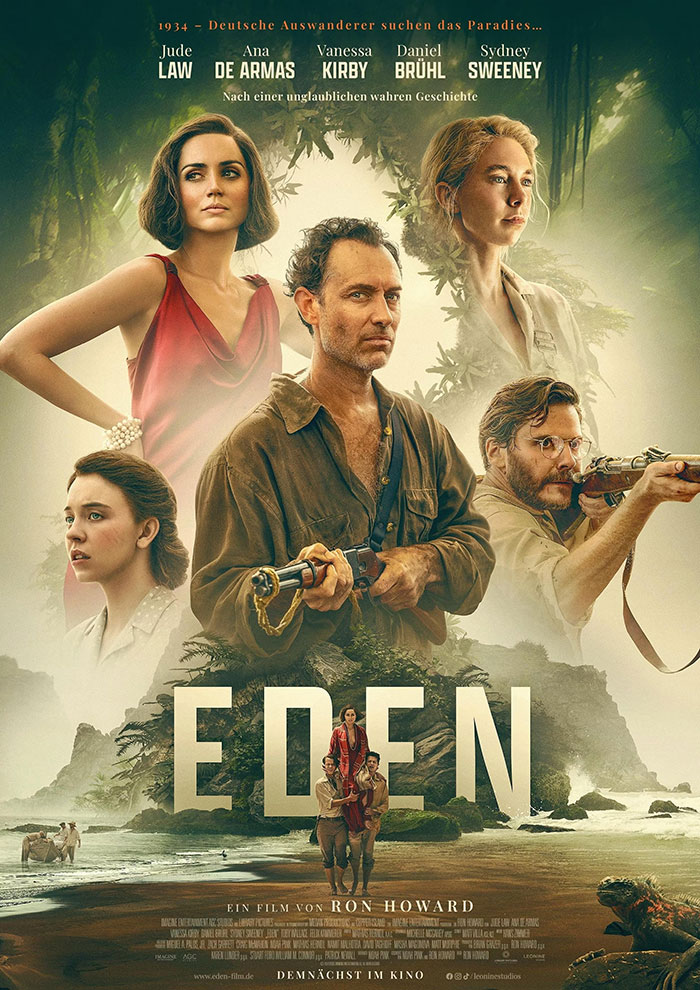 Sydney Sweeney con un cambio de imagen dramático en el thriller de supervivencia Eden, retratado junto al reparto en un entorno de la jungla.