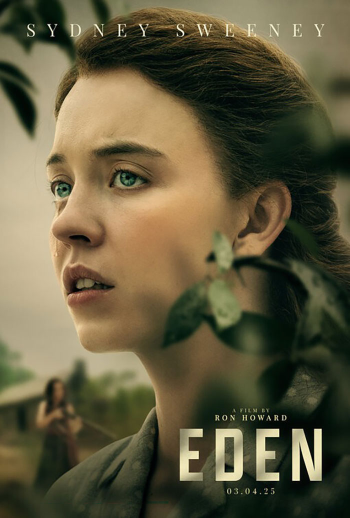 Sydney Sweeney Primer primer plano en el dramático thriller de supervivencia Eden Movie Poster con fondo de la naturaleza borrosa.