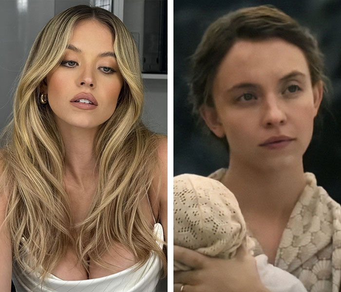 Sydney Sweeney con cabello largo y rubio y un cambio de imagen dramático para el thriller de supervivencia Eden, sosteniendo a un bebé en un disfraz de época.
