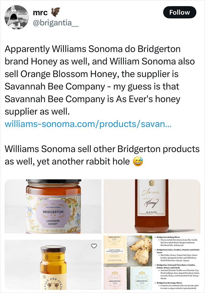 Publicación de redes sociales que discuten los productos de la marca Meghan Markle procedentes de los proveedores de Williams Sonoma.