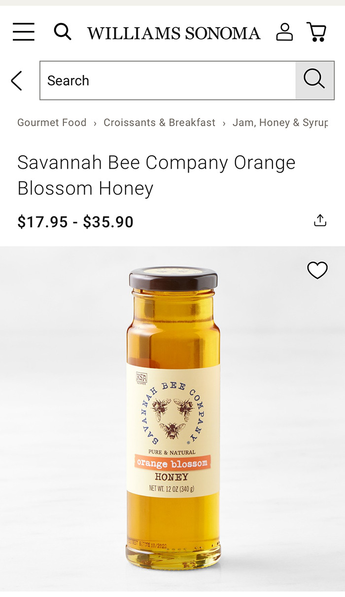 Página de productos de Williams Sonoma que muestra a la compañía Savannah Bee Orange Blossom Honey con rango de precios.