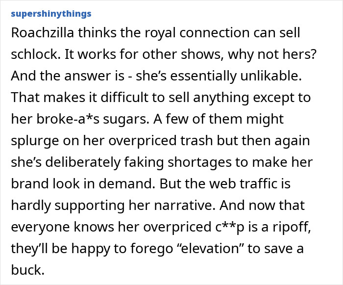Publicación de texto discutiendo la controversia de la marca de Meghan Markle con productos vinculados a Williams Sonoma y las reacciones públicas en línea.