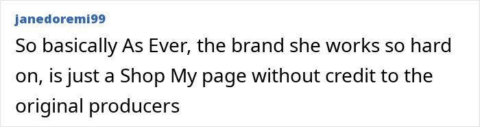 Captura de pantalla de un comentario en las redes sociales criticando la marca de Meghan Markle por vender productos de Williams Sonoma sin crédito.