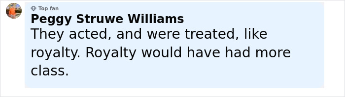 Comentario de Peggy Struwe Williams expresando su decepción sobre la clase de celebridades colgadas después de la fiesta de fin de semana.
