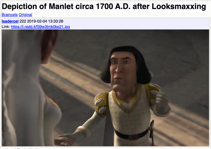 LooksMaxxing meme Representación de Manlet alrededor de 1700 AD después de LooksMaxxing BrainCels Original Leadercel 222 2019-02-04 13:33:28 Enlace: https://i.redd.it/f39w3tmk0ke21.jpg