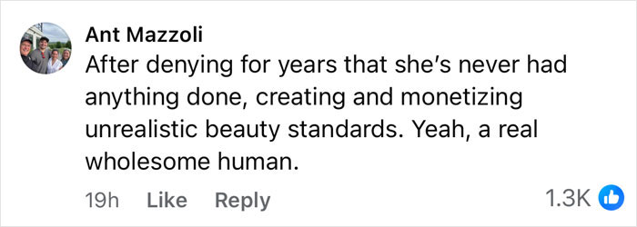 Comente de Ant Mazzoli criticando a Kylie Jenner por negar el aumento de los senos y promover los estándares de belleza poco realistas en línea.