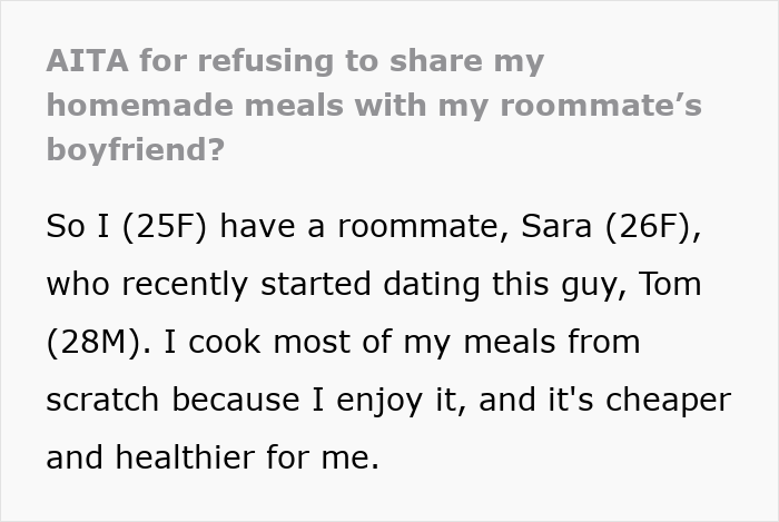 Extracto de mensajes de texto de una publicación sobre una compañera de cuarto llamando a una mujer tacilizada por negarse a compartir comidas caseras con novio.