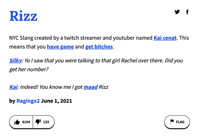 YF Rizz NYC Slang creada por un streamer de Twitch y YouTuber llamado Kai Cenat. Esto significa que tienes juego y obtienes perras. Siloso: Vi que estabas hablando con esa chica Rachel allí. ¿Conseguiste su número? Kai: ¡De hecho! Me conoces, tengo maad rizz por ragingx2 1 de junio de 2021 4104 133 bandera