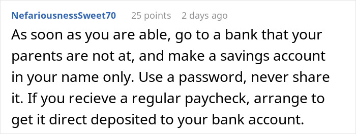 Reddit comenta asesorando para abrir una cuenta bancaria personal y asegurar un depósito directo para proteger las finanzas de un hermano de niño dorado.