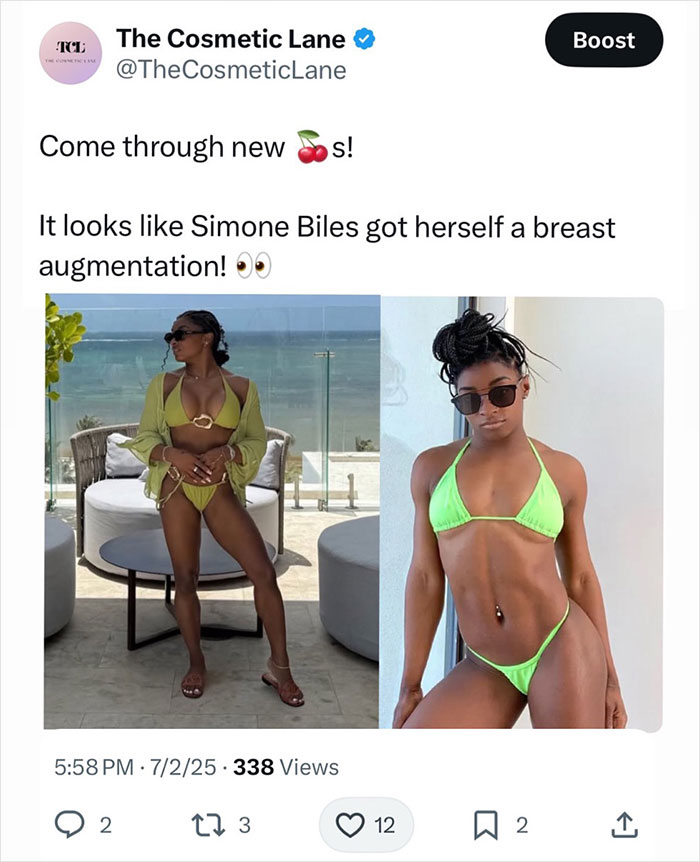 Simone Biles en bikini verde y gafas de sol en vacaciones, provocando cirugía plástica y rumores de jubilación con un nuevo aspecto