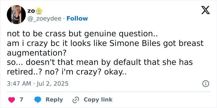 Tweet discutiendo a Simone Biles provocando rumores de cirugía plástica y jubilación con un nuevo aspecto de vacaciones.