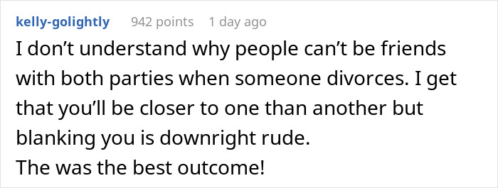 Comentario discutiendo amistades después del divorcio y un resultado positivo de un amigo fantasma y luego recomendando un trabajo.