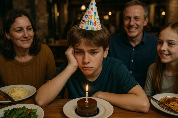 Chico adolescente con sombrero de cumpleaños que se ve molesto por el pequeño pastel mientras los padres y los hermanastros comen comida ignorando sus deseos en la mesa.