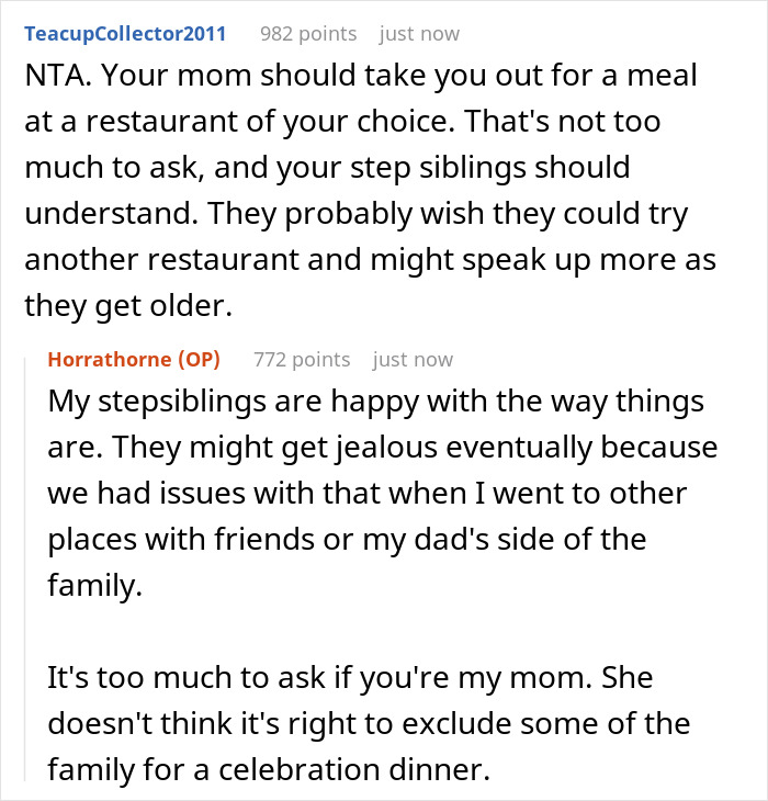 Discusión de Reddit sobre los padres que ignoran los deseos de cumpleaños de los adolescentes debido a las alergias a los hermanastras y las aburridas elecciones de comidas.