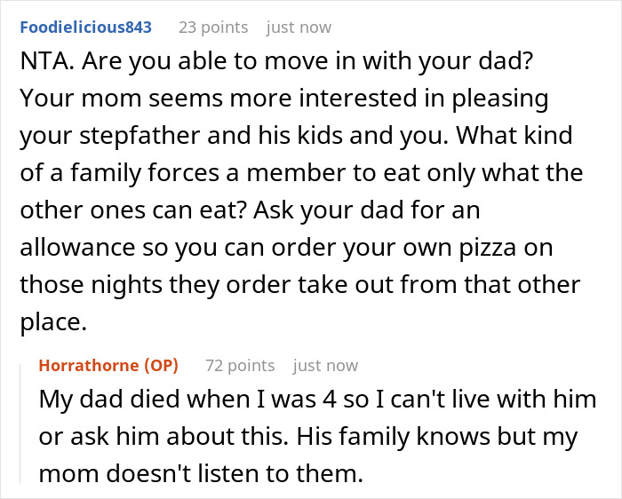 Discusión de Reddit sobre los padres que ignoran los deseos de cumpleaños de los adolescentes debido a las alergias de los hermanastras y las frustraciones alimentarias aburridas.