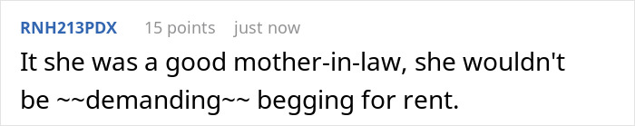 Comentario sobre suegra que exige alquiler de nuera en el hilo de discusión en línea.