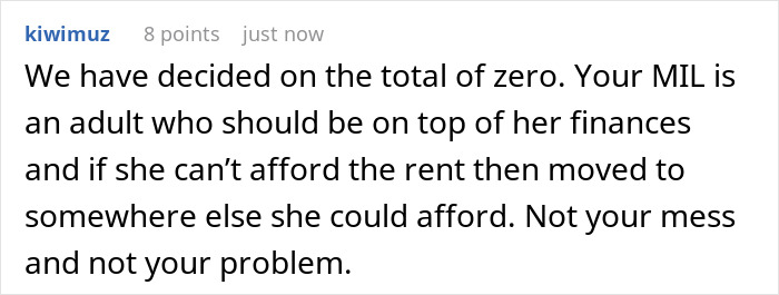 Captura de pantalla de un comentario de Reddit discutiendo a una suegra que exige el pago de alquiler completo y la actuación con derecho después de recibir la mitad.