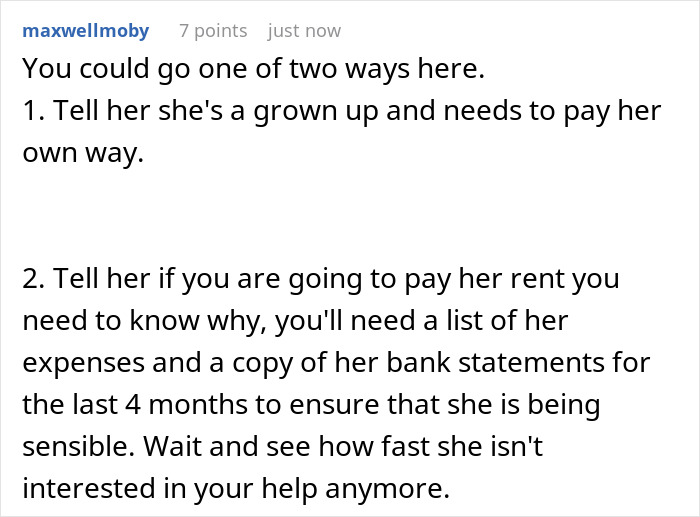 Comentario asesorando a dos enfoques cuando una mujer exige que su DIL paga el alquiler completo, mostrando derecho después del pago parcial.