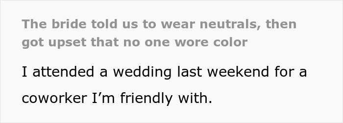 La novia molesta mientras los invitados usan neutros en lugar de color en una boda, destacando la confusión sobre las expectativas del código de vestimenta.